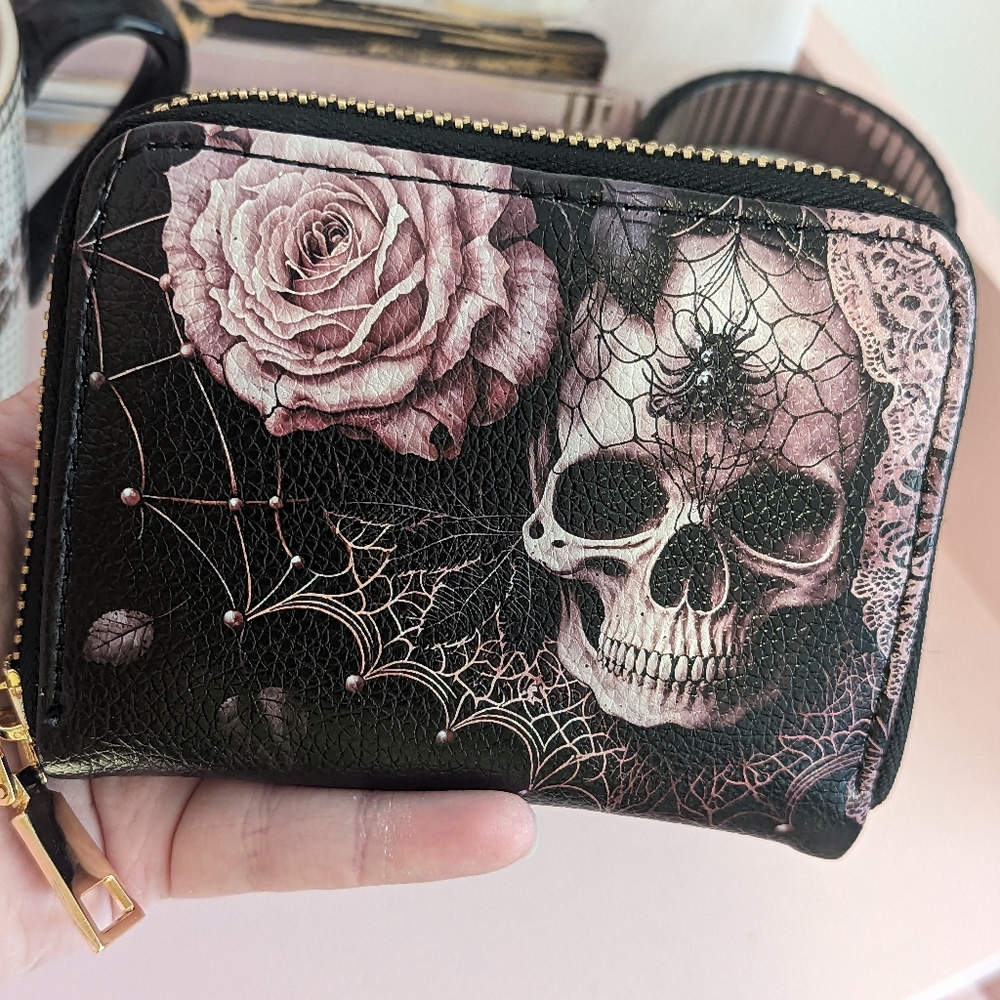 Skullette Brand Pink Skull Roses & Spider Vegan Leather Wallet New! - Picture 2 of 12